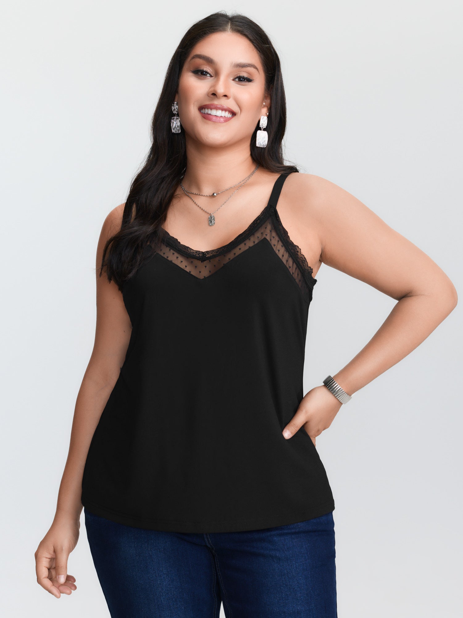Plus‑size Black Knitted Camiso - Lace Trim Cami recension och pris